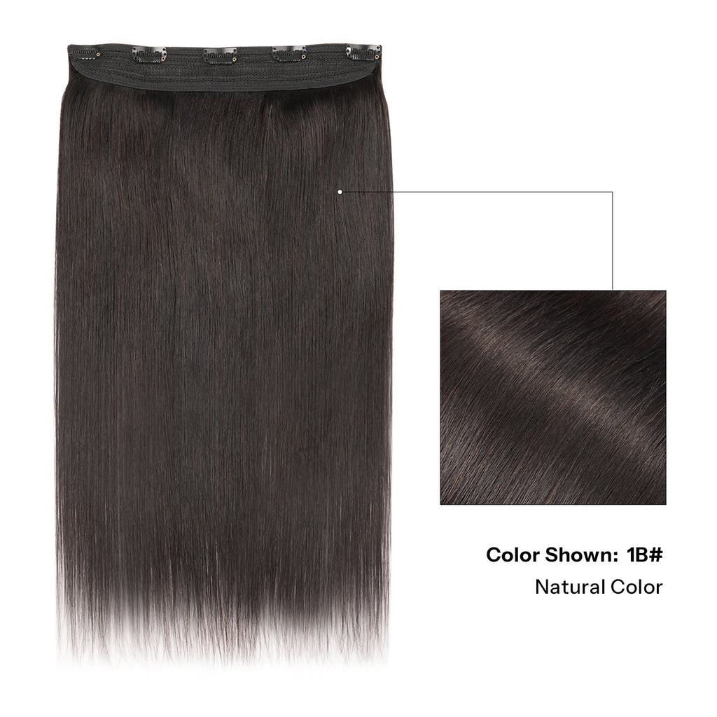 10 Inch One Piece Clip In Human Hair Extensions 5 Clips 3/4 Full Head Clip On Remy Straight Hairpieces 14-18Inch 1B#-Natural Color Real Human Hair Adding Volume For Thin Hair