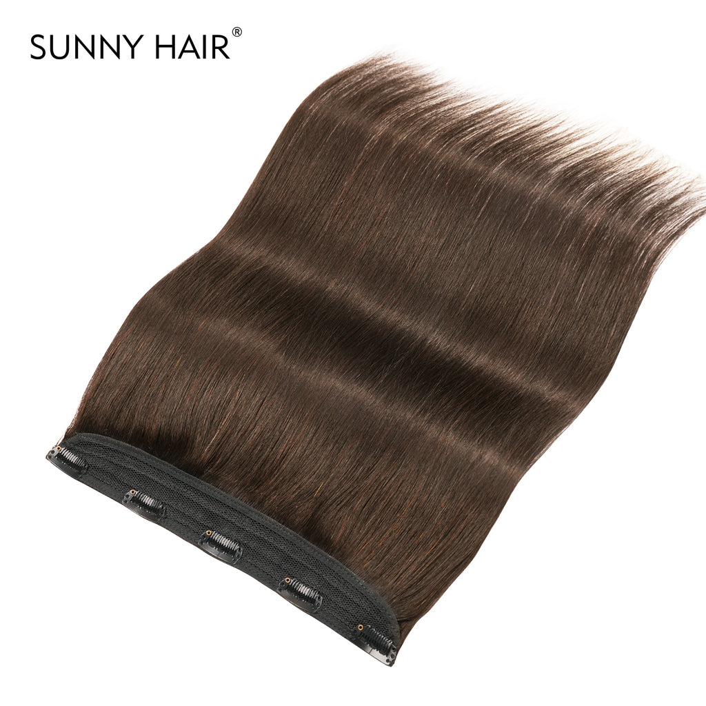 10 Inch One Piece Clip In Human Hair Extensions 5 Clips 3/4 Full Head Clip On Remy Straight Hairpieces 14-18Inch 2# Dark Brown Real Human Hair Adding Volume For Thin Hair