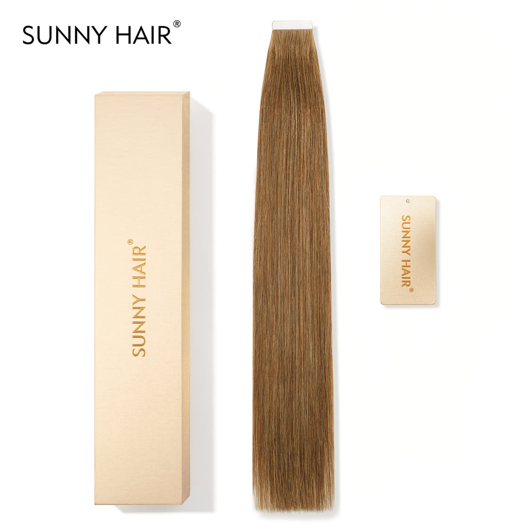 SUNNY HAIR  Tape in Hair Extensions Human Hair, 6#-LiqhtBrown , 20inch 50g 20pcs, Skin Weft Seamless Invisible, Silky Straight with Thick Ends, Remy Human Hair