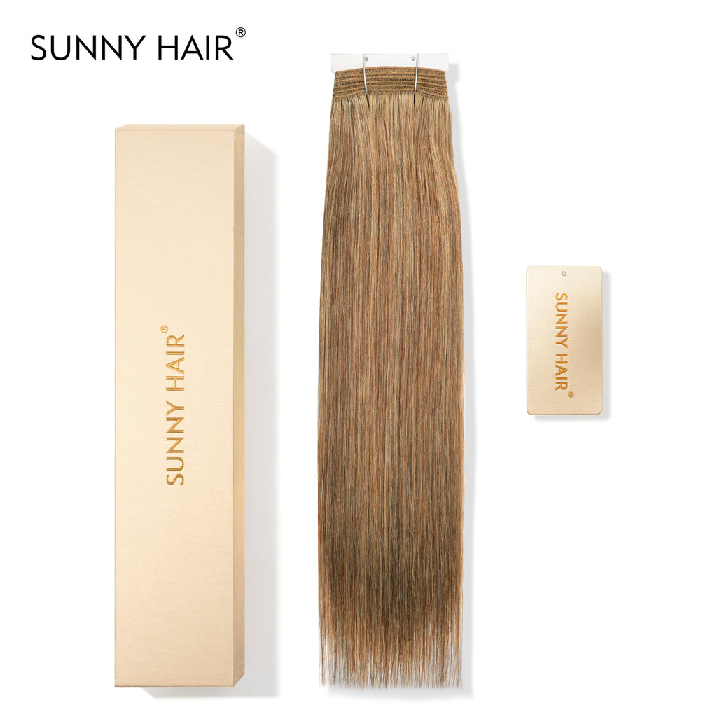 SUNNY HAIR Sew in Hair Extensions Real Human Hair Weft Hair Extensions Human Hair F4/27#  Middle Brown And Blonde 12-22inch 100g Weft Bundles Straight Silky Remy Hair