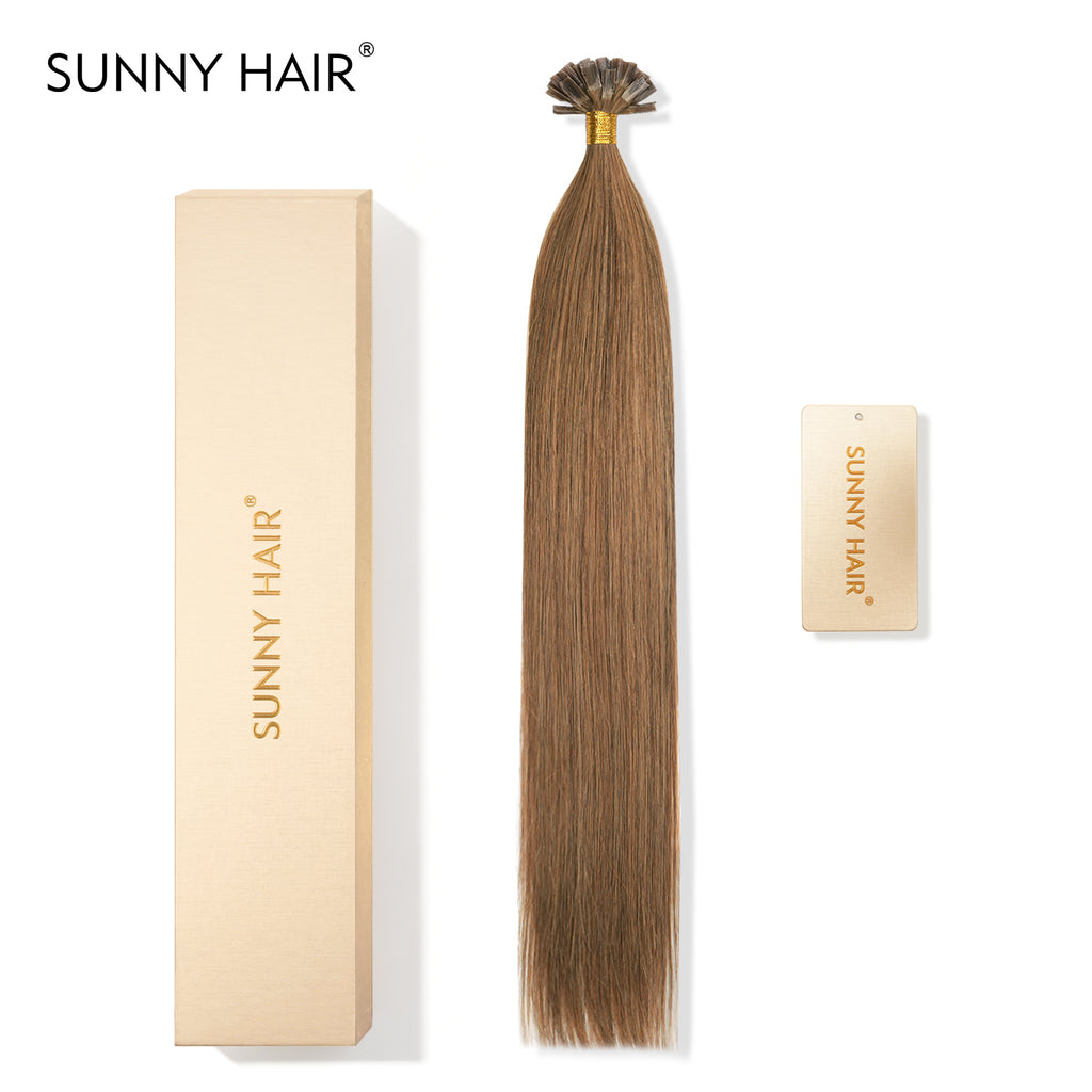 SUNNY HAIR  K Tip Hair Extensions Real Human Hair M4/27# Meddle Brown Highlighted Light Brown  12-22 Inch 30g-50g 50 strands pre-bonded keratin tips thicker hair long straight styles salon clients