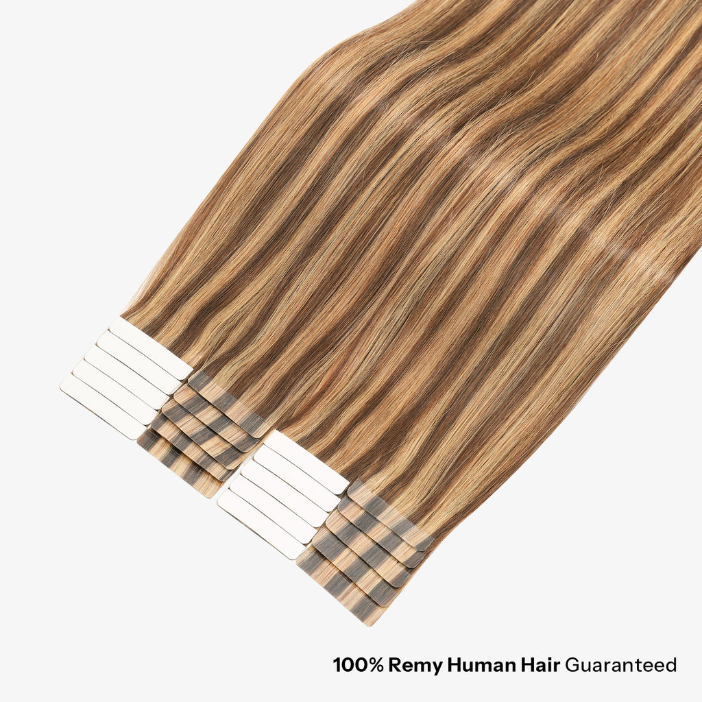 SUNNY HAIR  Tape in Hair Extensions Human Hair, P4/27# Middle Brown And Blonde, 20inch 50g 20pcs, Skin Weft Seamless Invisible, Silky Straight with Thick Ends, Remy Human Hair