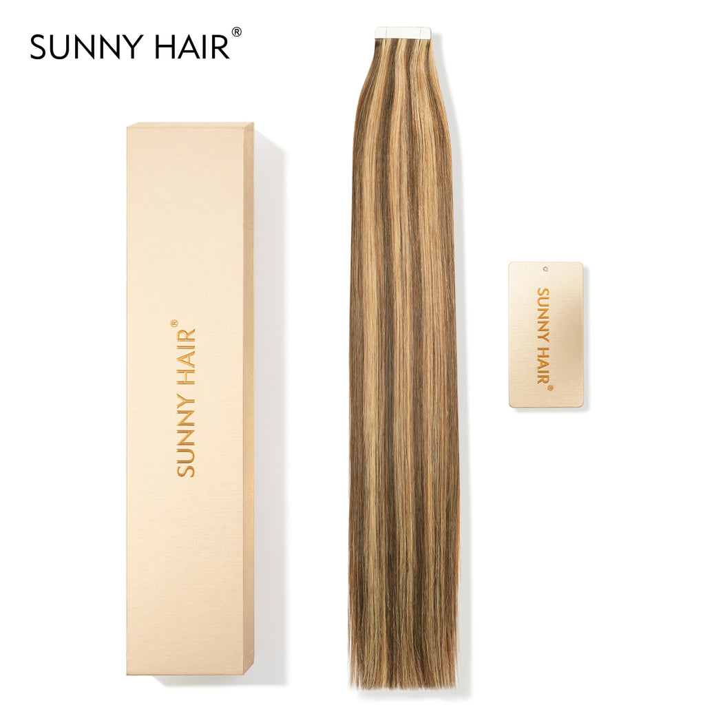 SUNNY HAIR  Tape in Hair Extensions Human Hair, P4/27# Middle Brown And Blonde, 20inch 50g 20pcs, Skin Weft Seamless Invisible, Silky Straight with Thick Ends, Remy Human Hair