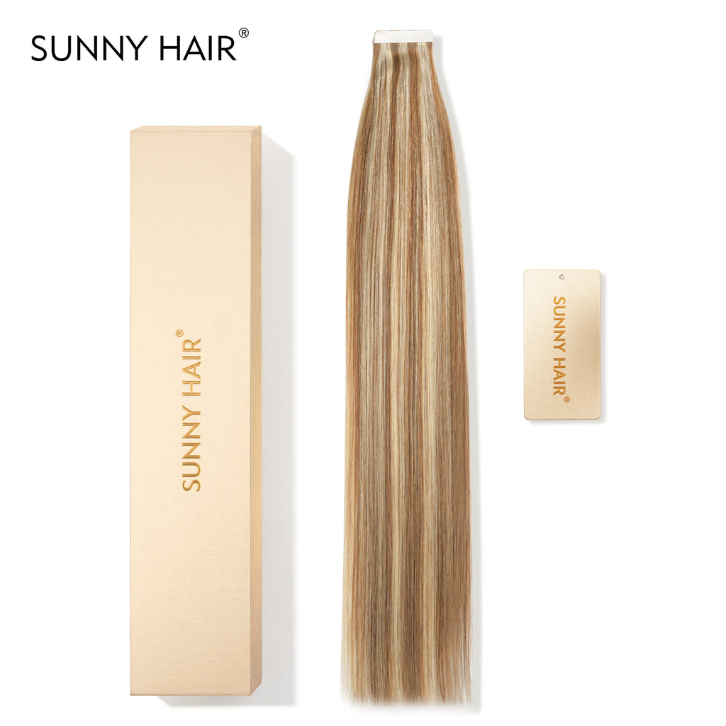 SUNNY HAIR  Tape in Hair Extensions Human Hair, P6/613# LightBrown Highlighted Light Blonde, 20inch 50g 20pcs, Skin Weft Seamless Invisible, Silky Straight with Thick Ends, Remy Human Hair