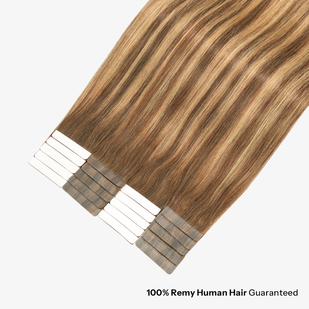 SUNNY HAIR  Tape in Hair Extensions Human Hair, T4-P4/27#Balayage Chocolate Brown to Caramel Blonde, 50g 20pcs, Skin Weft Seamless Invisible, Silky Straight with Thick Ends, Remy Human Hair