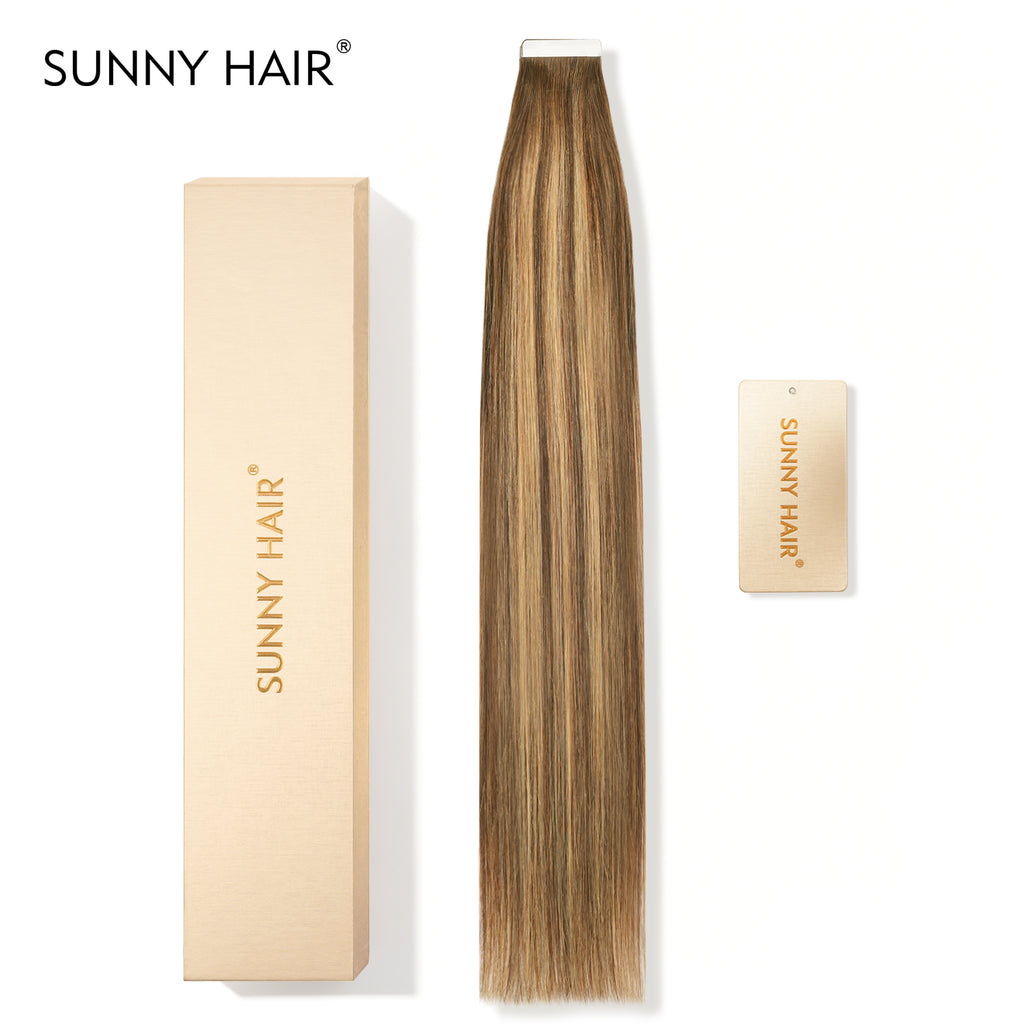 SUNNY HAIR  Tape in Hair Extensions Human Hair, T4-P4/27#Balayage Chocolate Brown to Caramel Blonde, 50g 20pcs, Skin Weft Seamless Invisible, Silky Straight with Thick Ends, Remy Human Hair