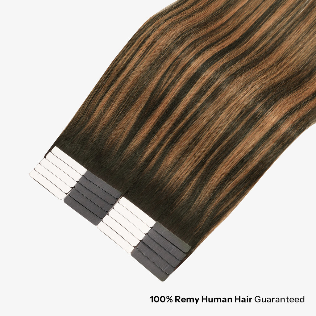 SUNNY HAIR  Tape in Hair Extensions Human Hair, TNC-PNC/6#Natural Black Highlighted Light Brown  ,  50g 20pcs, Skin Weft Seamless Invisible, Silky Straight with Thick Ends, Remy Human Hai