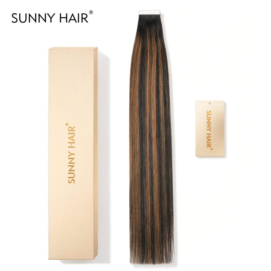 SUNNY HAIR  Tape in Hair Extensions Human Hair, TNC-PNC/6#Natural Black Highlighted Light Brown  ,  50g 20pcs, Skin Weft Seamless Invisible, Silky Straight with Thick Ends, Remy Human Hai